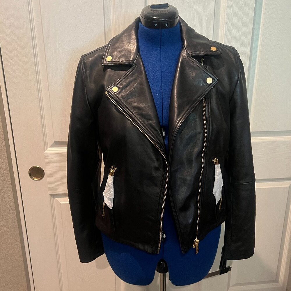 NWT - All Saints Dalby Leather Biker Jacket w/Gold Hardware SIZE 12 US